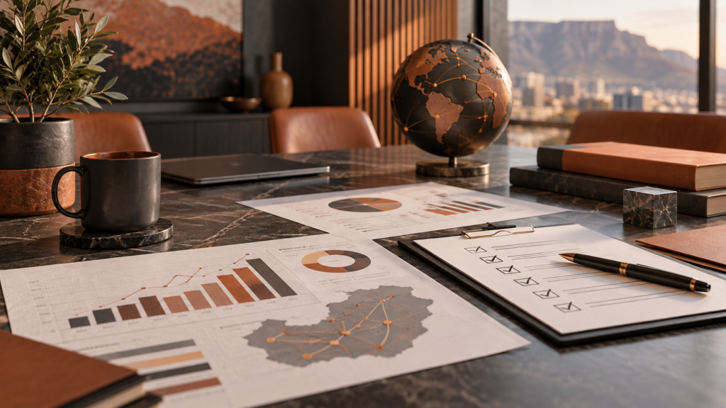 Business performance reports, growth charts and a monitoring checklist representing B-BBEE transformation planning and measurable outcomes.